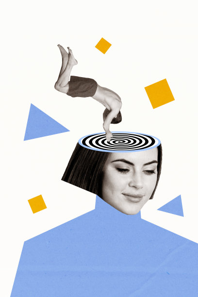 迷你黑白效果的小男孩在大女孩催眠的头部内跳水的垂直拼贴图，背景为手绘风格。图片下载