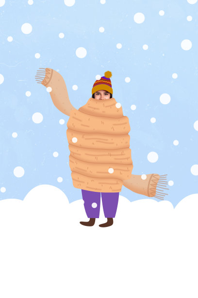 冬季户外，心情愉悦的女孩裹着温暖的围巾，站在色彩斑斓的背景前的创意竖版拼贴照片图片下载