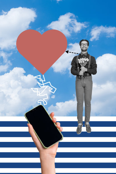手握现代手机显示触摸屏爱情通信的图片拼贴，背景为蓝色绘图。图片下载