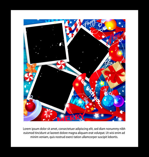 卡通风格的节日圣诞照片模板。宝丽来照片上有圣诞球、礼物、鹿角和五彩纸屑，背景是节日的木质纹理。创意矢量新年模板，留有空白空间。图片下载