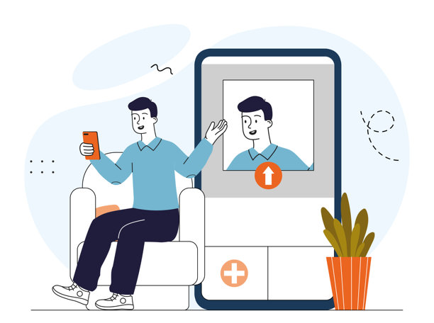 年轻男子用智能手机自拍。受欢迎的博主为社交网络创作内容。图片和照片。线性矢量插图。图片下载