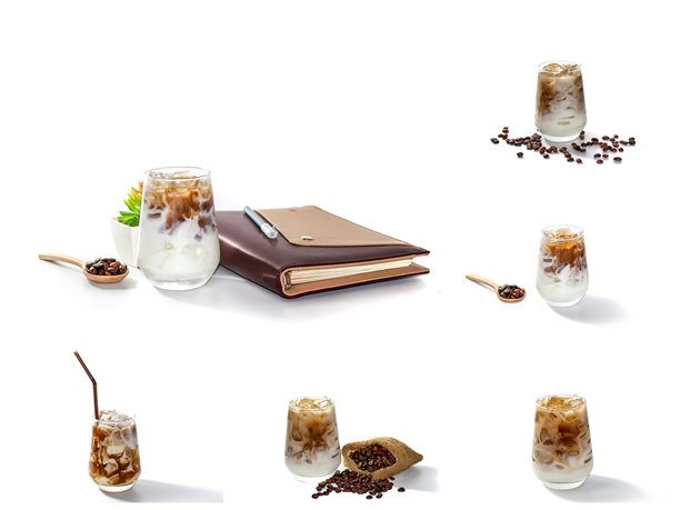 完整的拿铁冰咖啡和咖啡豆的图片，孤立照片，白色背景。图片下载