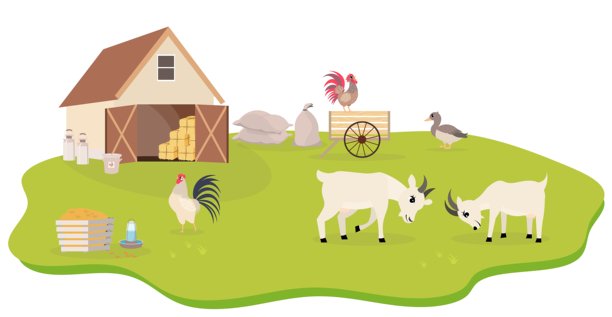 农场动物。可爱的农场。农场院子里的公鸡、山羊和一只鹅。农场动物在谷仓里的集合。婴儿平面矢量插图。图片下载