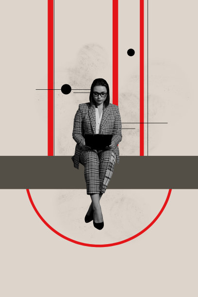 疲惫的女商人坐着，手持文件夹，工作负担沉重，工作狂，垂直照片拼贴，背景为涂鸦风格。图片下载