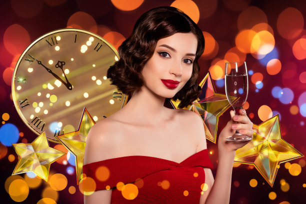 快乐女孩在新年夜晚举着香槟杯，祝酒庆祝派对，背景为涂鸦风格的合成照片拼贴。图片下载