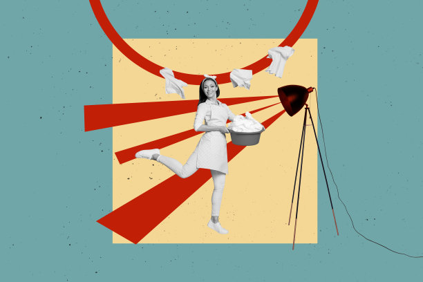 快乐女孩在涂鸦背景下手持洗衣盆，晾晒新鲜衣物，灯光明亮，家庭氛围的拼贴照片。图片下载