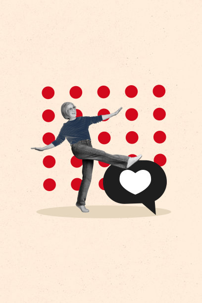 3D照片拼贴模板趋势艺术作品，包含一位年长女士走路的画面，留白的对话云，心形图案，表达社交媒体信息的爱与喜欢。图片下载