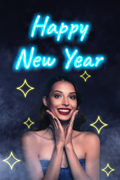 快乐女孩的新年垂直照片拼贴，霓虹灯字母派对圣诞节庆祝活动，背景为涂鸦风格。图片下载