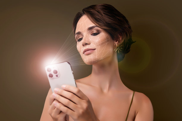 微笑女孩手持手机的合成照片拼贴，展示面部生物识别应用，网络空间科学，背景为涂鸦风格。图片下载