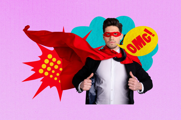 年轻男子英雄超人眼镜面具斗篷站立在漫画中的复合趋势艺术3D草图图像照片拼贴，旁边有对话云“天哪”图片下载
