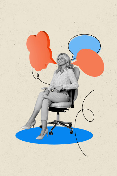 快乐的老女人坐在椅子上，垂直照片拼贴，带有文本框和3D气泡独白短语，背景为涂鸦风格。图片下载