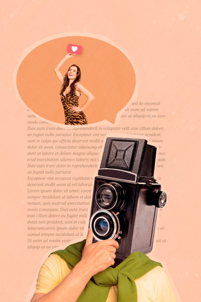 复古老相机作为头部的拼贴画，吸引女性的照片，配合匹配应用程序的心形图案，奇特而不寻常的广告牌。图片下载