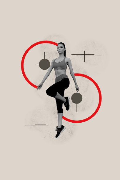 垂直照片拼贴，严肃的运动女孩穿着制服，跳跃普拉提热身运动，健康生活方式，背景为涂鸦风格。图片下载