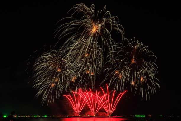 芭提雅湾的真实烟花，芭提雅国家烟花节比赛，每年11月，绚丽的烟花表演适合明信片、壁纸、背景、照片、网页和社交媒体。图片下载