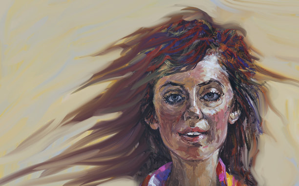 时尚的插图现代艺术作品我的原始油画在帆布水平肖像一个微笑美丽快乐的女孩与长长的黑发在风中飞舞图片下载