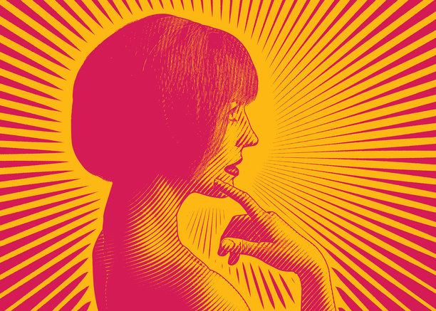 一幅沉思的年轻女子的肖像，手指抵着下巴。图片下载