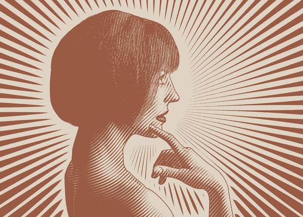 一幅沉思的年轻女子的肖像，手指抵着下巴。图片下载