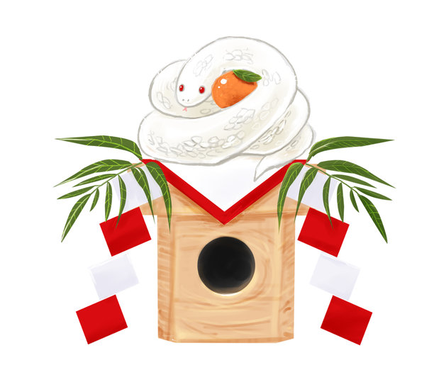 可爱的白蛇镜饼风格新年贺卡插图素材 2025年蛇年图片下载