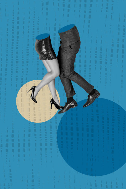 无头男女的腿部在一起跳舞，浪漫约会，俱乐部庆祝，垂直照片拼贴，背景为涂鸦风格。图片下载