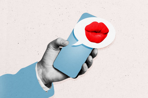 匿名手穿着西装袖子，握着智能手机，显示出带有红唇亲吻的气泡的3D照片拼贴艺术作品。图片下载