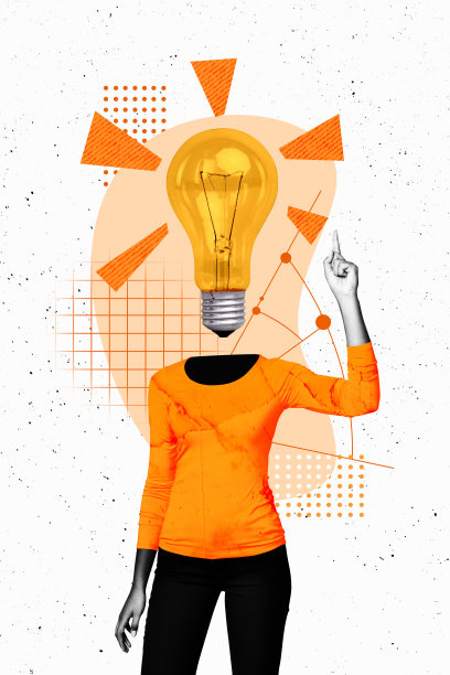 无头的匿名女商人的垂直照片拼贴，面部是灯泡，象征着创意和战略发展，背景为涂鸦风格。图片下载