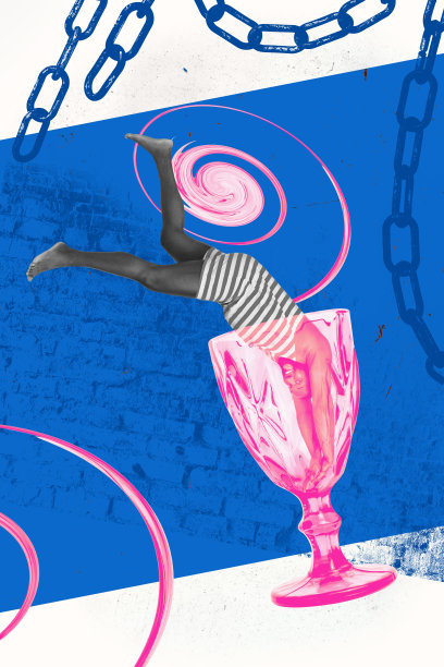 复合趋势艺术作品 3D 草图图像 照片拼贴 链条金属锁 控制年轻男孩 夏季 潜入鸡尾酒杯饮料图片下载