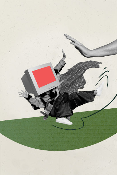 卡通化的无头电脑显示器与年轻女滑板运动员的运动手势组合趋势艺术素描照片拼贴图片下载