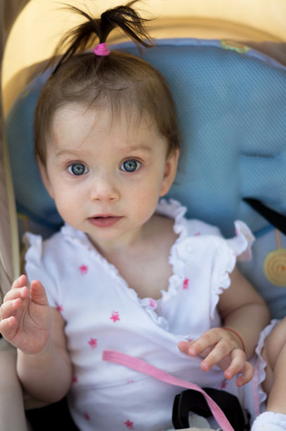 小女孩扎着马尾，坐在街上的婴儿车里，户外环境中，她用大大的蓝眼睛看着，挥动着手，试图说话。孩子的特写肖像。图片下载