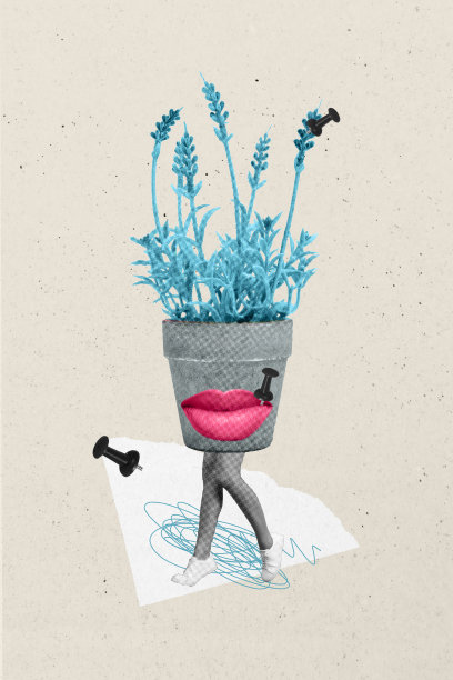 垂直照片拼贴，匿名女孩的身体像花盆，野花植物的腿，微笑的嘴唇，别针，孤立在涂鸦背景上。图片下载