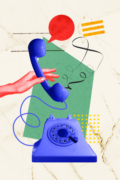 复古电话听筒的垂直照片拼贴，展示了电话营销气泡和客服热线，背景为涂鸦风格。图片下载
