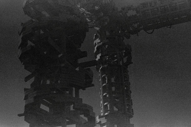 雾中一台大型机器的黑白照片，带有城市设计和暗色主题图片下载