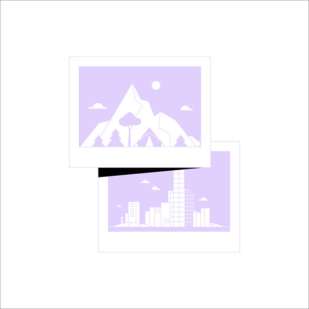 描绘山脉和城市景观的风景照片，采用平面矢量插图，象征自然、城市场景和旅行回忆，背景为白色。图片下载