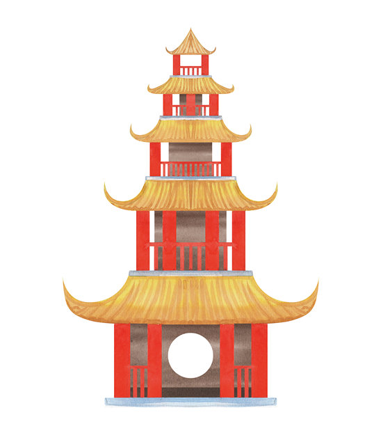 水彩插图的宝塔寺庙。带有红色柱子和金色屋顶的亚洲宁静房屋插图。中国古代建筑，背景为白色。中国新年物品。农历节日元素概念。图片下载