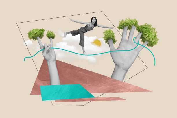 创意拼贴概念的合成照片，女人站在绳子上，双手像翅膀一样，置身于两只巨大的手之间，背景色彩丰富。图片下载