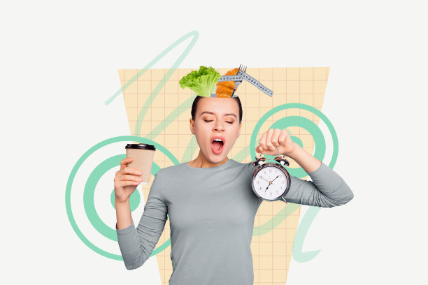 创意照片拼贴，搞笑女孩打哈欠，手持计时器，催促早晨喝咖啡，背景为白色。图片下载