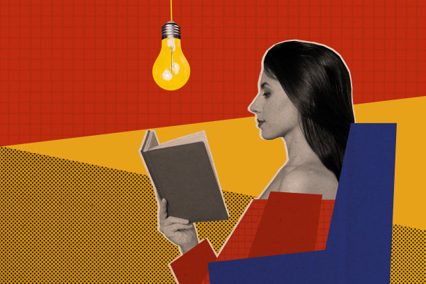 迷人的女士在创意背景下享受有趣书籍的杂志图片素描拼贴图图片下载