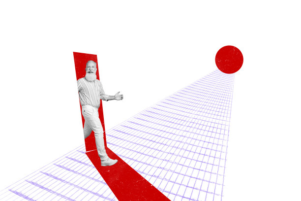 快乐的老人在绘画背景下走向商店中心的海报图片图片下载