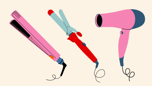 发型工具。吹风机、直发器、卷发棒。图片下载