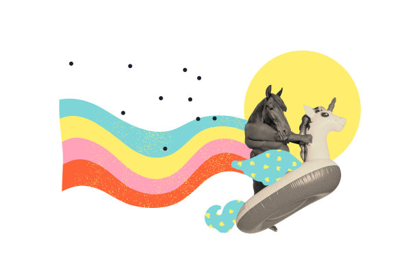 创意照片插图拼贴，游泳的野马动物，五彩斑斓的彩虹，夏日悠闲，救生圈，独角兽，孤立在白色背景上。图片下载