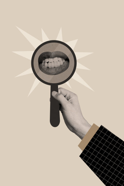 完美闪亮的牙齿微笑人类嘴巴的垂直照片拼贴，放大镜检查患者的牙齿贴面，背景为灰色。图片下载