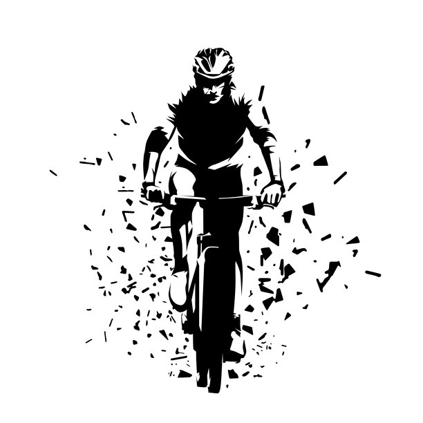 骑自行车的人，山地自行车骑行，正面视图，抽象分散的孤立矢量轮廓图片下载