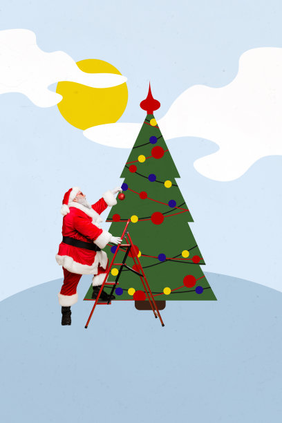 穿着圣诞老人服装的男子在绘画背景前装饰圣诞树的垂直创意拼贴照片图片下载