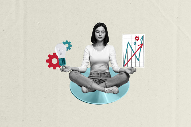 年轻女商人工作狂拼贴照片插图，专注于数据分析，寻找工作与生活的平衡，背景为灰色。图片下载