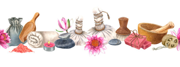 水疗草药压缩球与水百合、卵石、研钵和杵的水彩画隔离无缝边框。用于健康度假村的肥皂、毛巾、丝瓜络、袋子和海盐横幅模板。图片下载