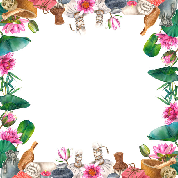 水疗草药压缩球，配有水百合、叶子、卵石、研钵和杵的水彩画，独立方形框架。肥皂、毛巾、丝瓜络、茶蜡烛、袋子和海盐。健康度假村的模板。图片下载