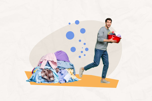 年轻快乐的男人手持洗衣服的碗，家务，超现实主义模板隐喻艺术概念的拼贴画图片图片下载