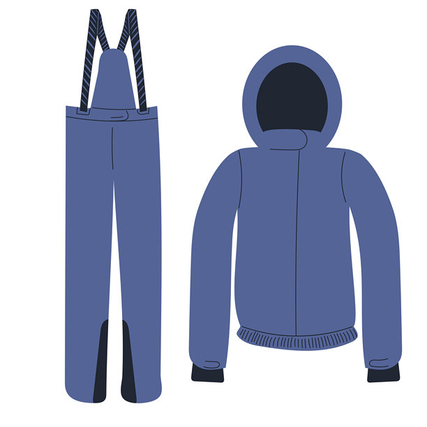 蓝色山地运动冬季滑雪服。手绘矢量插图，扁平风格，背景为白色。滑雪、单板滑雪服，带帽子。温暖、防水和防风的衣物。图片下载