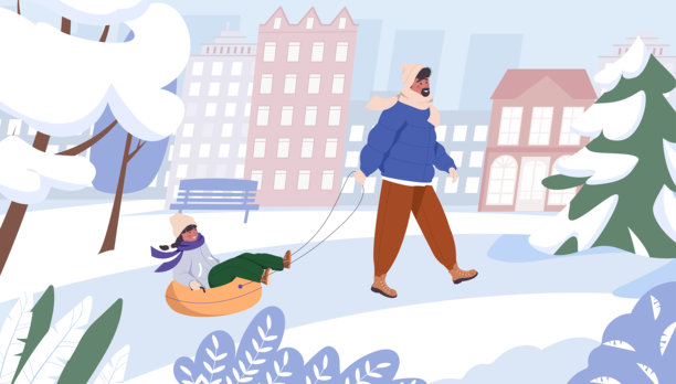 父母带着孩子在充气筒上滑行。活动与休闲假期。角色是父亲和女儿在山上滑雪圈，享受圣诞假期，背景是冬季城市的平面矢量卡通插图。图片下载