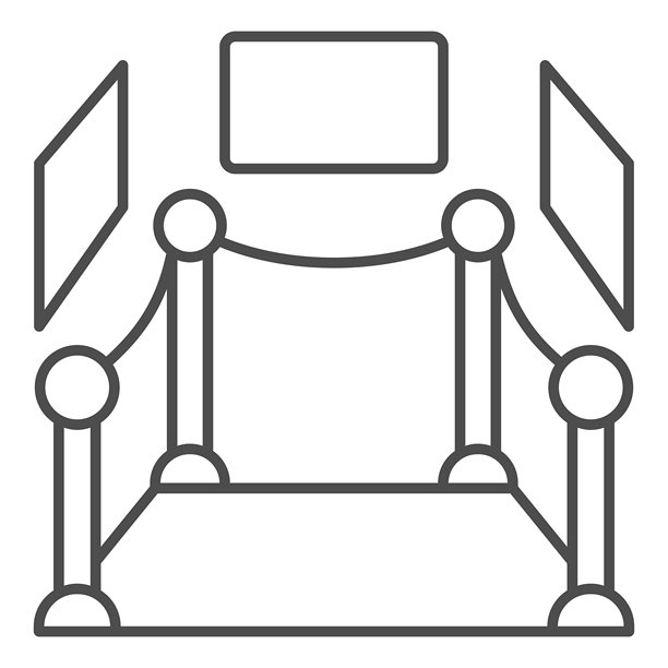 展览厅细线图标，盛大开幕概念。矢量图形。白色背景上的图片，障碍房间标志，适用于移动或网页设计的轮廓风格图标。图片下载