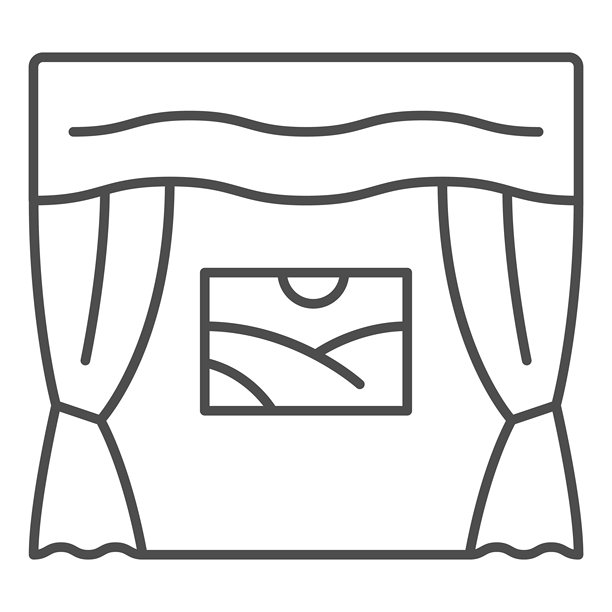 窗帘与墙面画的细线图标，展览概念。矢量图形。白色背景上的图片、窗帘、壁纸标志，适用于移动或网页设计的轮廓风格图标。图片下载